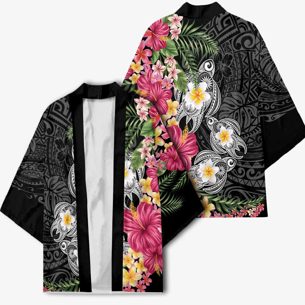 Hawaiian Tropical Flowers and Tribal Turtles Kimono Polynesian Art Motifs Black Color LT03 - Polynesian Pride