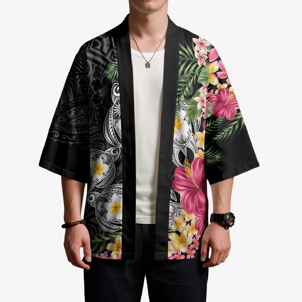 Hawaiian Tropical Flowers and Tribal Turtles Kimono Polynesian Art Motifs Black Color LT03 - Polynesian Pride