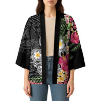 Hawaiian Tropical Flowers and Tribal Turtles Kimono Polynesian Art Motifs Black Color LT03 - Polynesian Pride