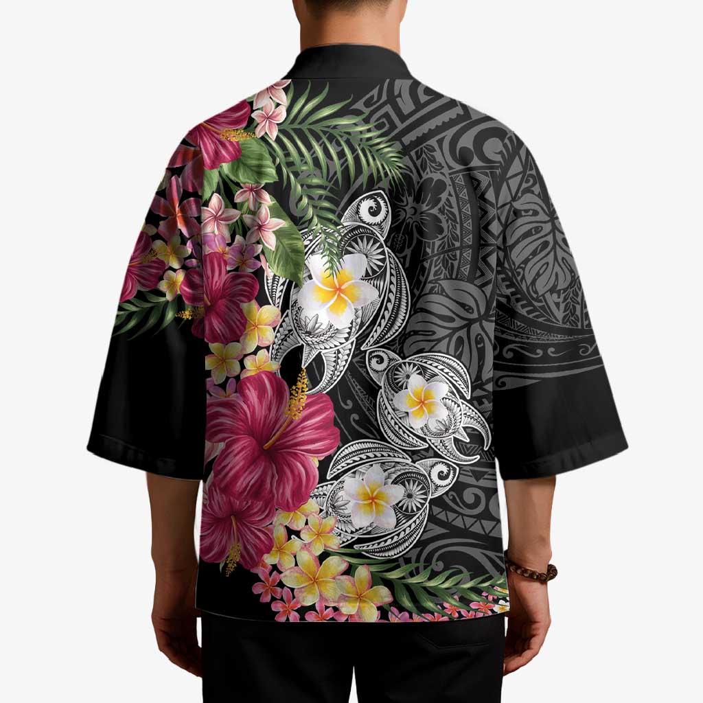 Hawaiian Tropical Flowers and Tribal Turtles Kimono Polynesian Art Motifs Black Color LT03 - Polynesian Pride