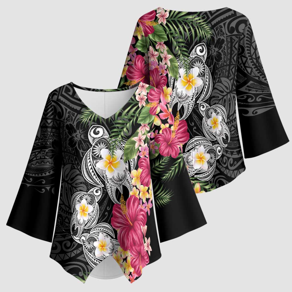 Hawaiian Tropical Flowers and Tribal Turtles Kimono Sleeve Blouse Polynesian Art Motifs Black Color LT03 - Polynesian Pride