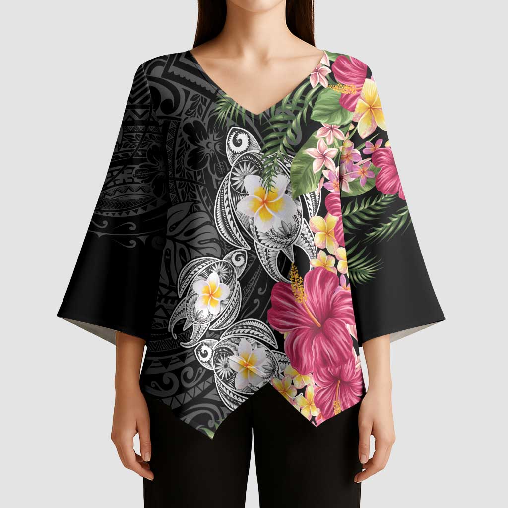 Hawaiian Tropical Flowers and Tribal Turtles Kimono Sleeve Blouse Polynesian Art Motifs Black Color LT03 - Polynesian Pride