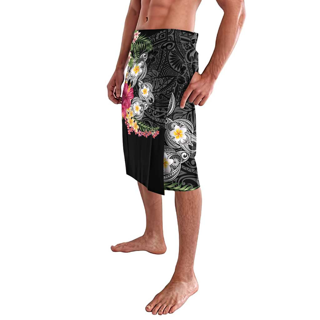 Hawaiian Tropical Flowers and Tribal Turtles Lavalava Polynesian Art Motifs Black Color LT03 - Polynesian Pride