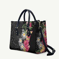 Hawaiian Tropical Flowers and Tribal Turtles Leather Bag Polynesian Art Motifs Black Color LT03 Black - Polynesian Pride