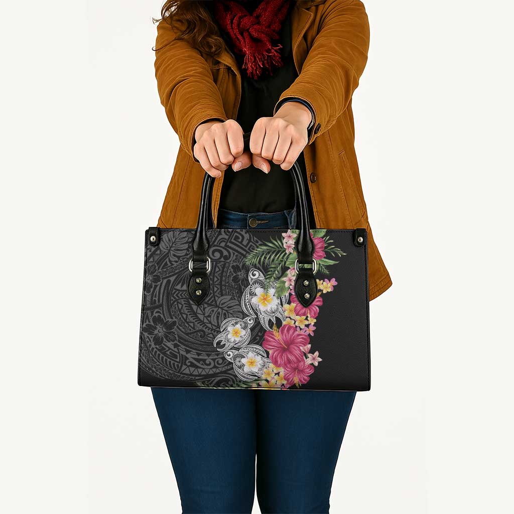 Hawaiian Tropical Flowers and Tribal Turtles Leather Bag Polynesian Art Motifs Black Color LT03 - Polynesian Pride