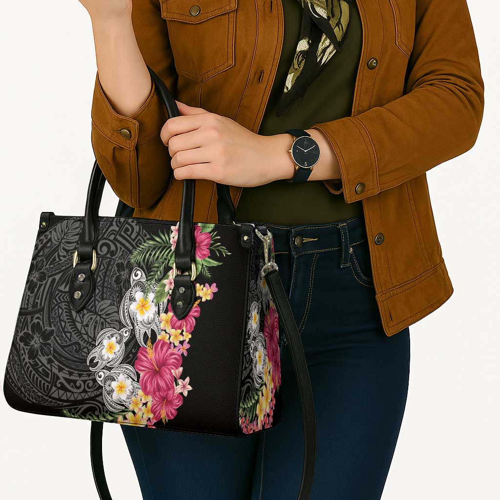 Hawaiian Tropical Flowers and Tribal Turtles Leather Bag Polynesian Art Motifs Black Color LT03 - Polynesian Pride