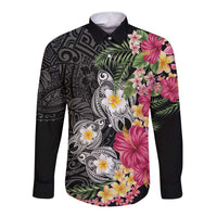Hawaiian Tropical Flowers and Tribal Turtles Long Sleeve Button Shirt Polynesian Art Motifs Black Color LT03 Unisex Black - Polynesian Pride