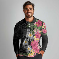Hawaiian Tropical Flowers and Tribal Turtles Long Sleeve Polo Shirt Polynesian Art Motifs Black Color LT03 - Polynesian Pride