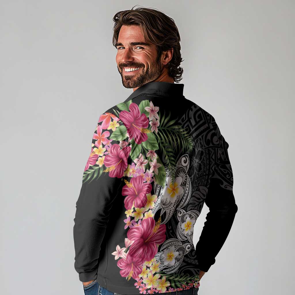 Hawaiian Tropical Flowers and Tribal Turtles Long Sleeve Polo Shirt Polynesian Art Motifs Black Color LT03 - Polynesian Pride