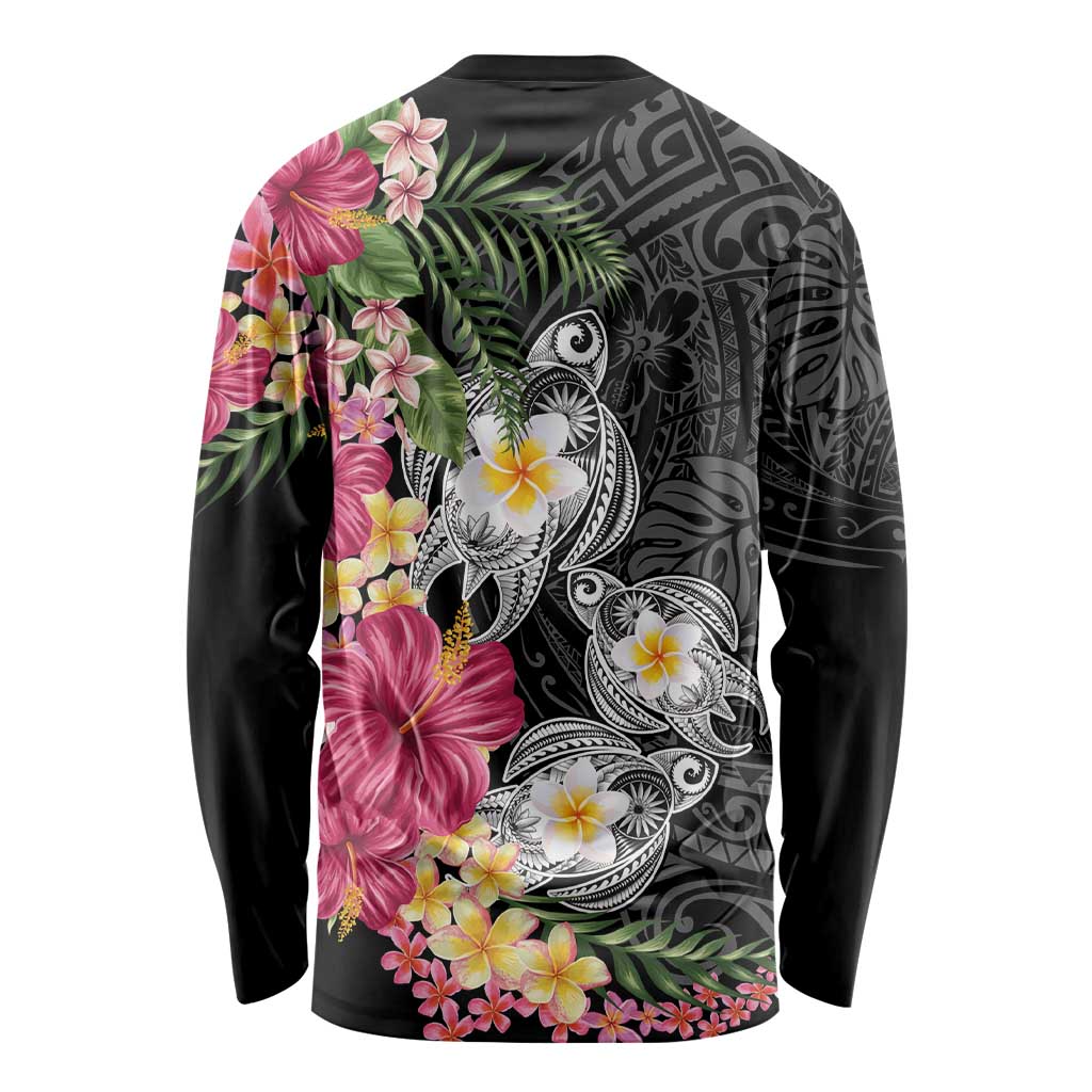 Hawaiian Tropical Flowers and Tribal Turtles Long Sleeve Shirt Polynesian Art Motifs Black Color LT03 - Polynesian Pride