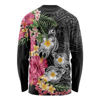 Hawaiian Tropical Flowers and Tribal Turtles Long Sleeve Shirt Polynesian Art Motifs Black Color LT03 - Polynesian Pride
