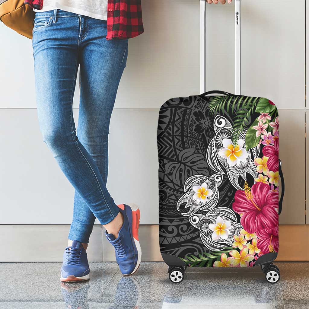 Hawaiian Tropical Flowers and Tribal Turtles Luggage Cover Polynesian Art Motifs Black Color LT03 - Polynesian Pride