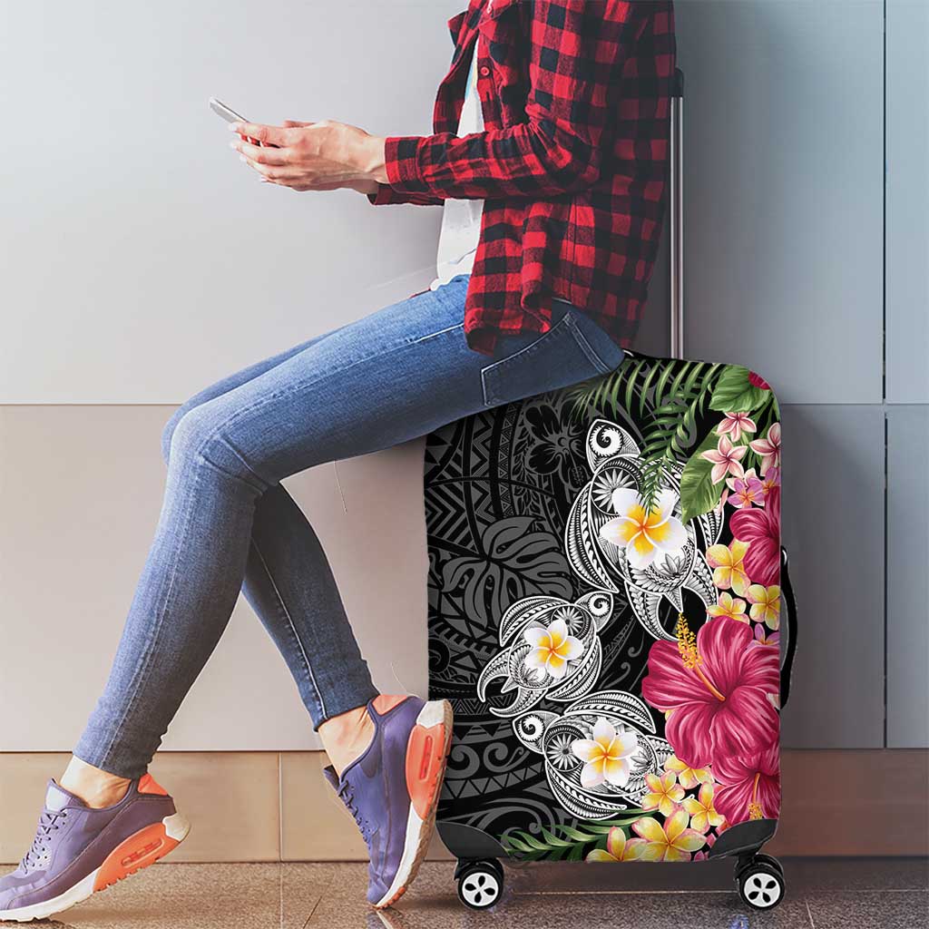 Hawaiian Tropical Flowers and Tribal Turtles Luggage Cover Polynesian Art Motifs Black Color LT03 - Polynesian Pride