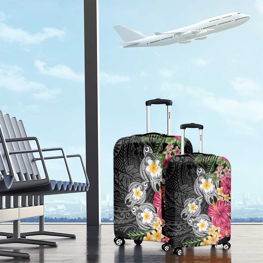 Hawaiian Tropical Flowers and Tribal Turtles Luggage Cover Polynesian Art Motifs Black Color LT03 - Polynesian Pride