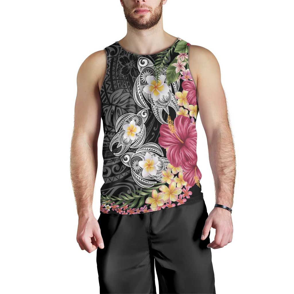 Hawaiian Tropical Flowers and Tribal Turtles Men Tank Top Polynesian Art Motifs Black Color LT03 - Polynesian Pride