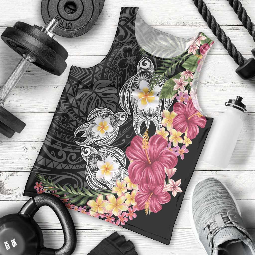 Hawaiian Tropical Flowers and Tribal Turtles Men Tank Top Polynesian Art Motifs Black Color LT03 - Polynesian Pride