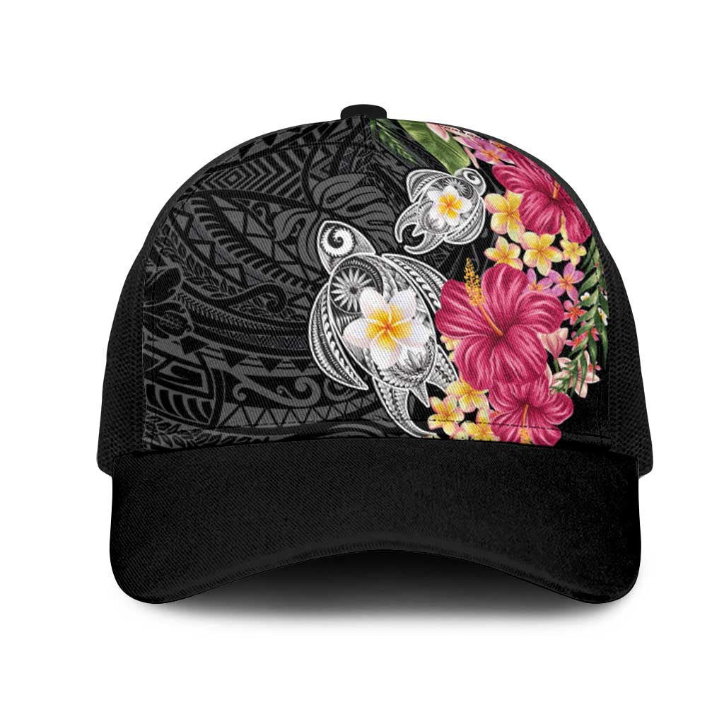 Hawaiian Tropical Flowers and Tribal Turtles Mesh Trucker Cap Polynesian Art Motifs Black Color LT03 One Size Black Black - Polynesian Pride