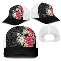 Hawaiian Tropical Flowers and Tribal Turtles Mesh Trucker Cap Polynesian Art Motifs Black Color LT03 - Polynesian Pride