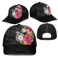 Hawaiian Tropical Flowers and Tribal Turtles Mesh Trucker Cap Polynesian Art Motifs Black Color LT03 - Polynesian Pride