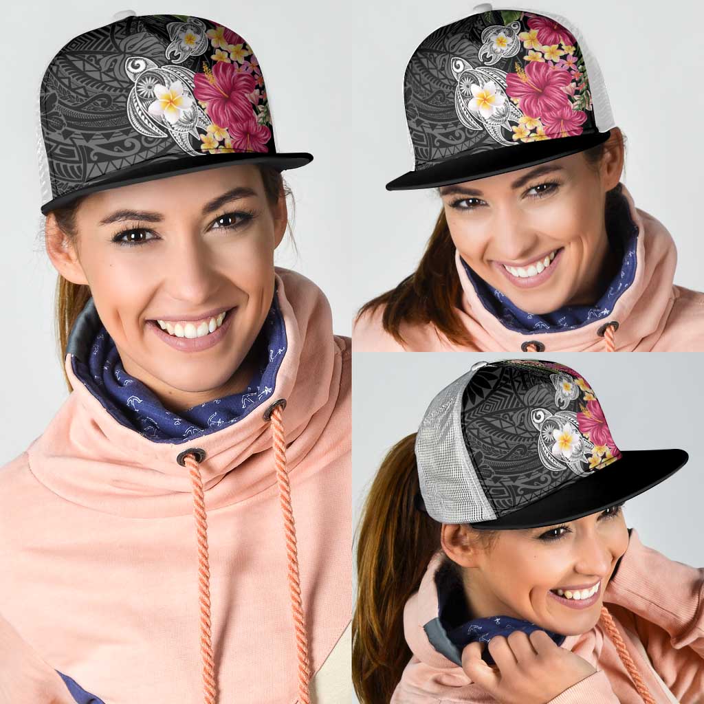 Hawaiian Tropical Flowers and Tribal Turtles Mesh Trucker Cap Polynesian Art Motifs Black Color LT03 - Polynesian Pride