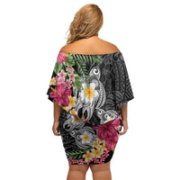 Hawaiian Tropical Flowers and Tribal Turtles Off Shoulder Short Dress Polynesian Art Motifs Black Color LT03 - Polynesian Pride