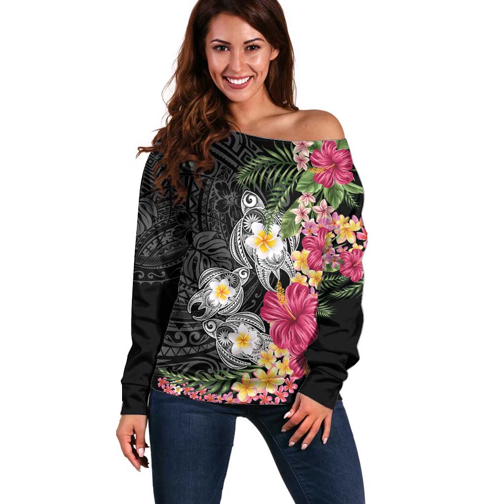 Hawaiian Tropical Flowers and Tribal Turtles Off Shoulder Sweater Polynesian Art Motifs Black Color LT03 Women Black - Polynesian Pride
