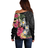 Hawaiian Tropical Flowers and Tribal Turtles Off Shoulder Sweater Polynesian Art Motifs Black Color LT03 - Polynesian Pride