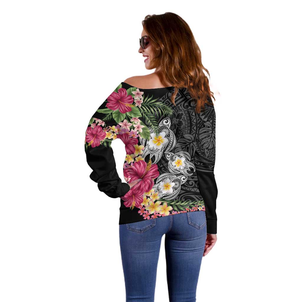 Hawaiian Tropical Flowers and Tribal Turtles Off Shoulder Sweater Polynesian Art Motifs Black Color LT03 - Polynesian Pride