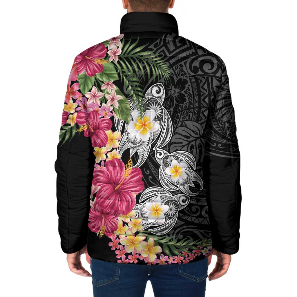 Hawaiian Tropical Flowers and Tribal Turtles Padded Jacket Polynesian Art Motifs Black Color LT03 - Polynesian Pride