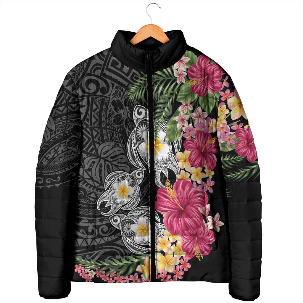 Hawaiian Tropical Flowers and Tribal Turtles Padded Jacket Polynesian Art Motifs Black Color LT03 - Polynesian Pride