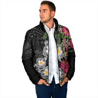 Hawaiian Tropical Flowers and Tribal Turtles Padded Jacket Polynesian Art Motifs Black Color LT03 - Polynesian Pride