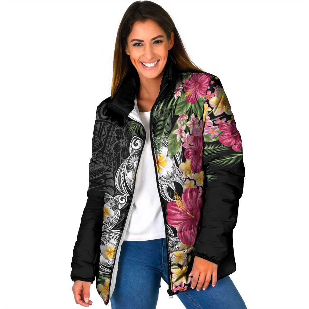Hawaiian Tropical Flowers and Tribal Turtles Padded Jacket Polynesian Art Motifs Black Color LT03 Women Black - Polynesian Pride
