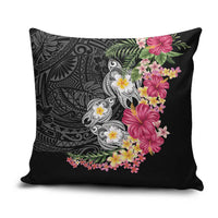 Hawaiian Tropical Flowers and Tribal Turtles Pillow Cover Polynesian Art Motifs Black Color LT03 Black - Polynesian Pride
