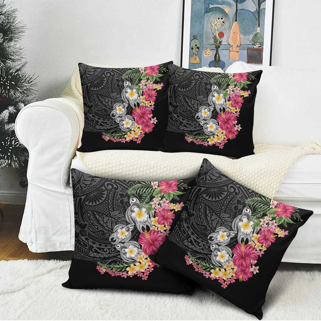 Hawaiian Tropical Flowers and Tribal Turtles Pillow Cover Polynesian Art Motifs Black Color LT03 - Polynesian Pride