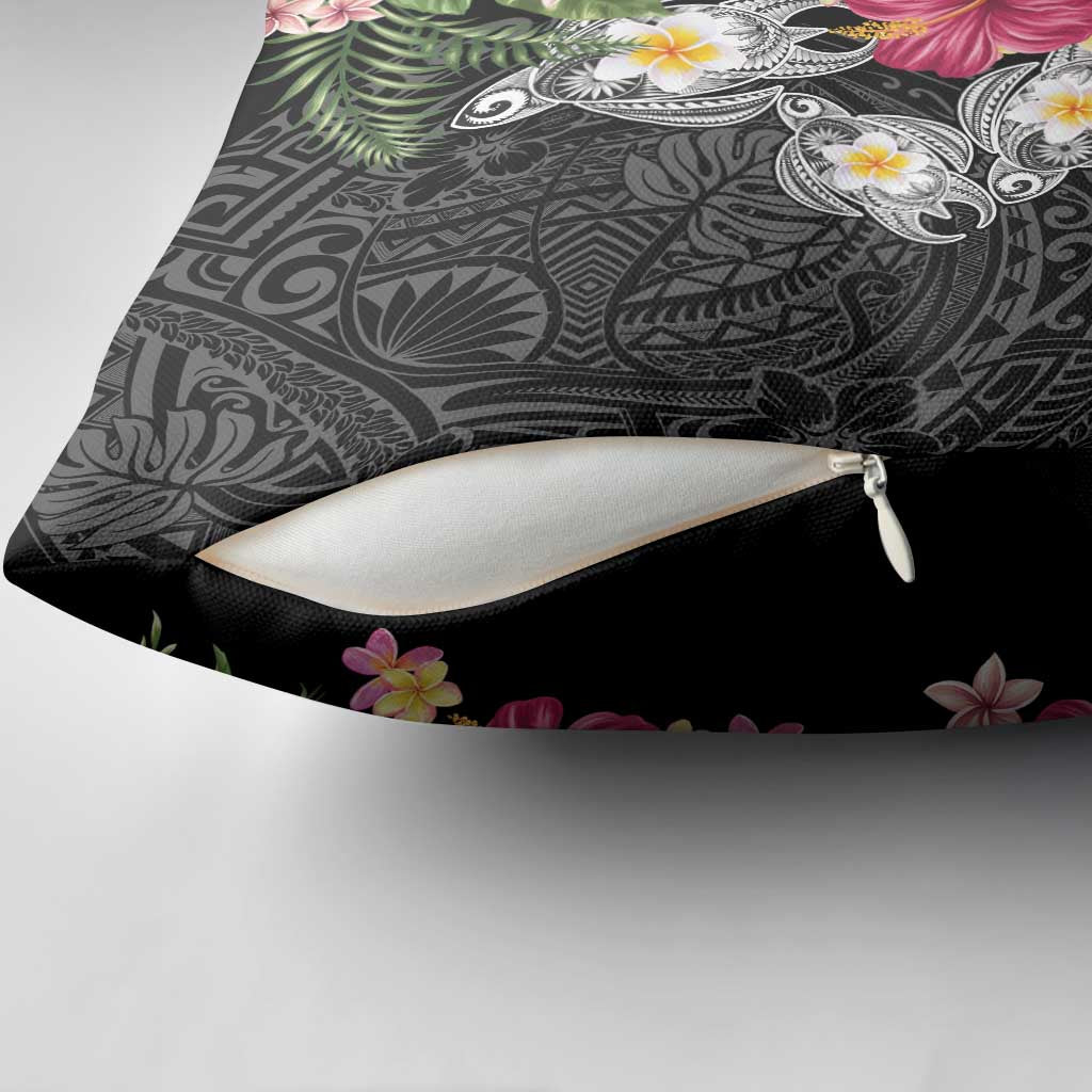 Hawaiian Tropical Flowers and Tribal Turtles Pillow Cover Polynesian Art Motifs Black Color LT03 - Polynesian Pride