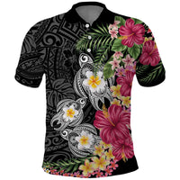 Hawaiian Tropical Flowers and Tribal Turtles Polo Shirt Polynesian Art Motifs Black Color LT03 Black - Polynesian Pride