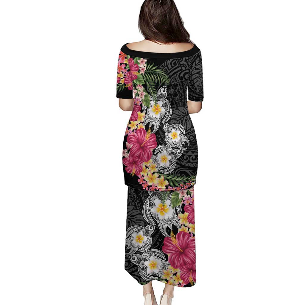 Hawaiian Tropical Flowers and Tribal Turtles Puletasi Polynesian Art Motifs Black Color LT03 - Polynesian Pride