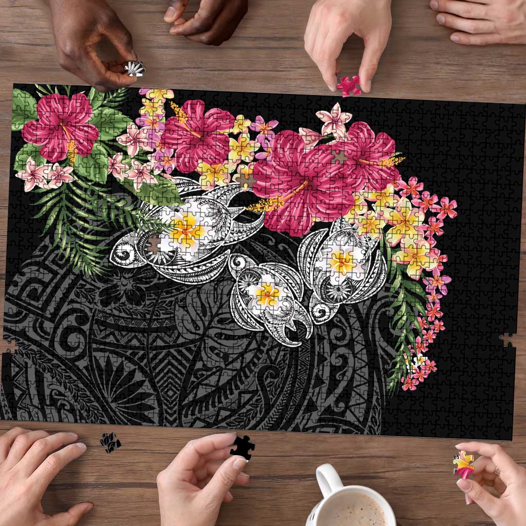 Hawaiian Tropical Flowers and Tribal Turtles Puzzle Polynesian Art Motifs Black Color LT03 - Polynesian Pride