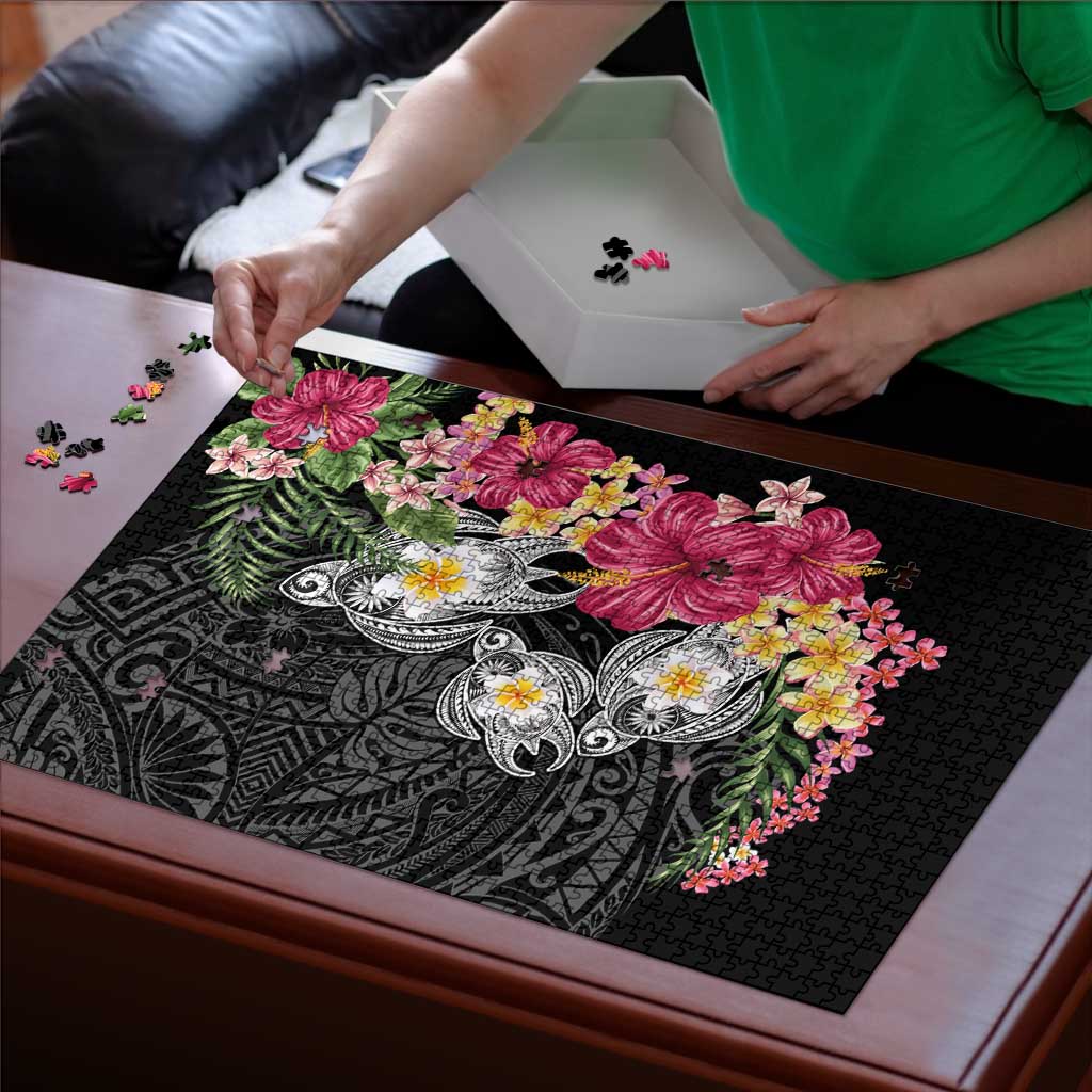 Hawaiian Tropical Flowers and Tribal Turtles Puzzle Polynesian Art Motifs Black Color LT03 - Polynesian Pride