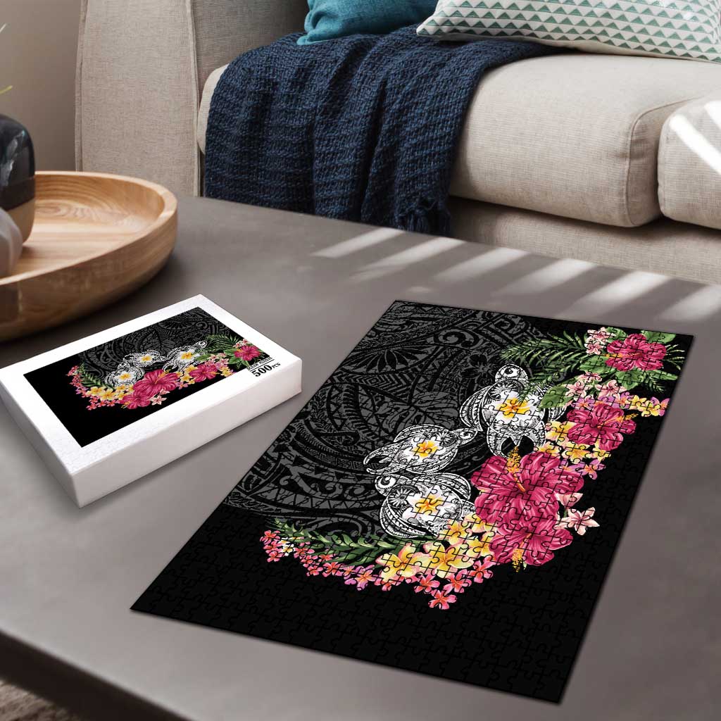 Hawaiian Tropical Flowers and Tribal Turtles Puzzle Polynesian Art Motifs Black Color LT03 - Polynesian Pride