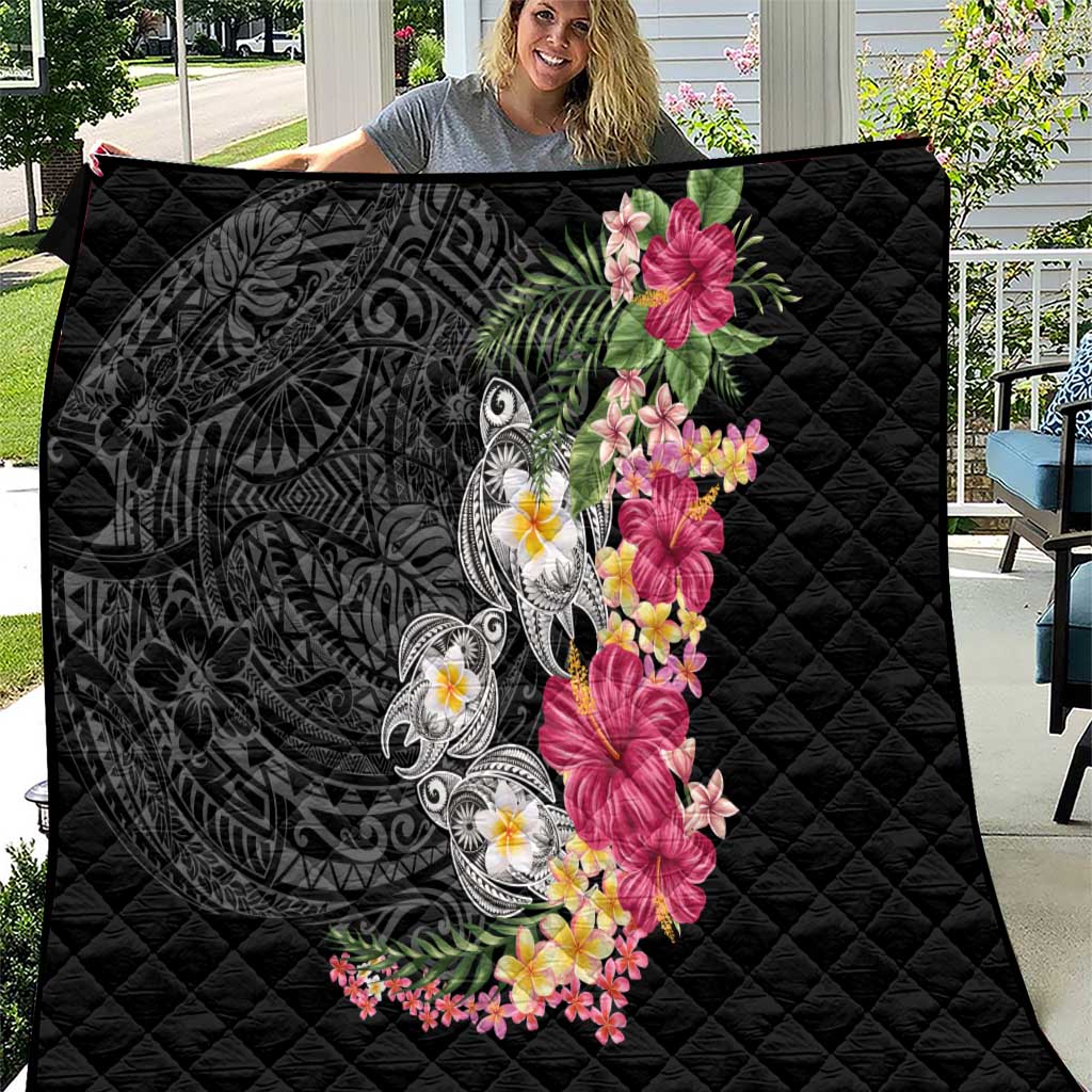 Hawaiian Tropical Flowers and Tribal Turtles Quilt Polynesian Art Motifs Black Color LT03 Black - Polynesian Pride