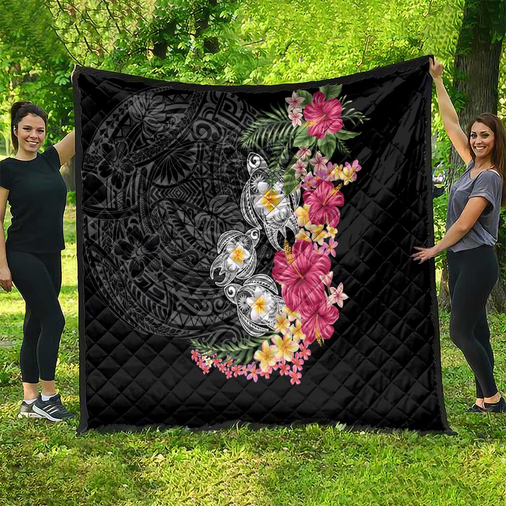 Hawaiian Tropical Flowers and Tribal Turtles Quilt Polynesian Art Motifs Black Color LT03 - Polynesian Pride