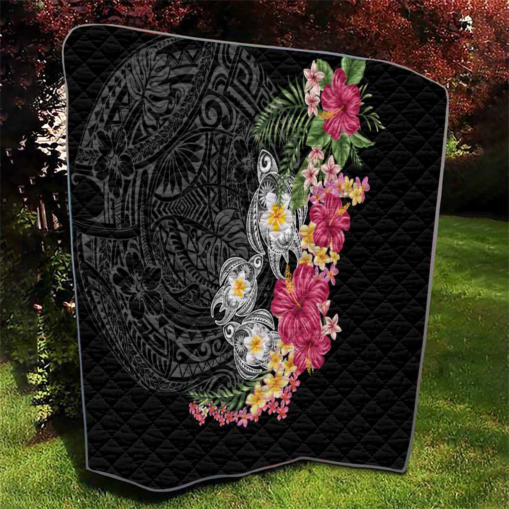 Hawaiian Tropical Flowers and Tribal Turtles Quilt Polynesian Art Motifs Black Color LT03 - Polynesian Pride