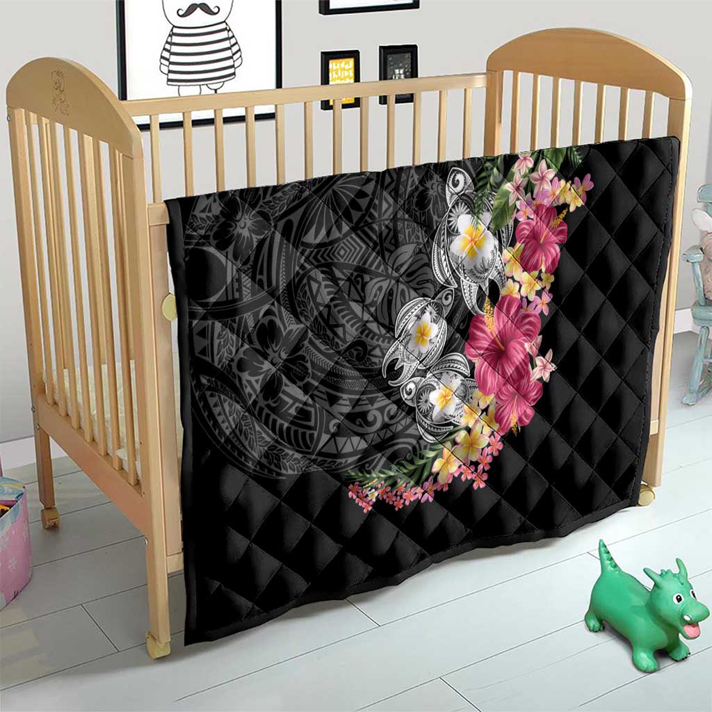 Hawaiian Tropical Flowers and Tribal Turtles Quilt Polynesian Art Motifs Black Color LT03 - Polynesian Pride