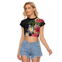 Hawaiian Tropical Flowers and Tribal Turtles Raglan Cropped T Shirt Polynesian Art Motifs Black Color LT03 Female Black - Polynesian Pride