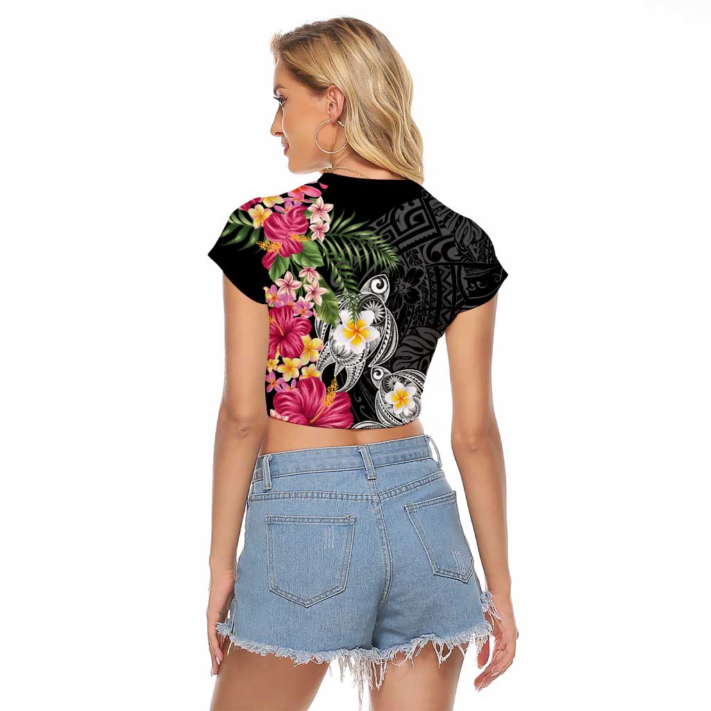 Hawaiian Tropical Flowers and Tribal Turtles Raglan Cropped T Shirt Polynesian Art Motifs Black Color LT03 - Polynesian Pride
