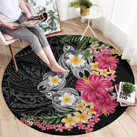 Hawaiian Tropical Flowers and Tribal Turtles Round Carpet Polynesian Art Motifs Black Color LT03 - Polynesian Pride