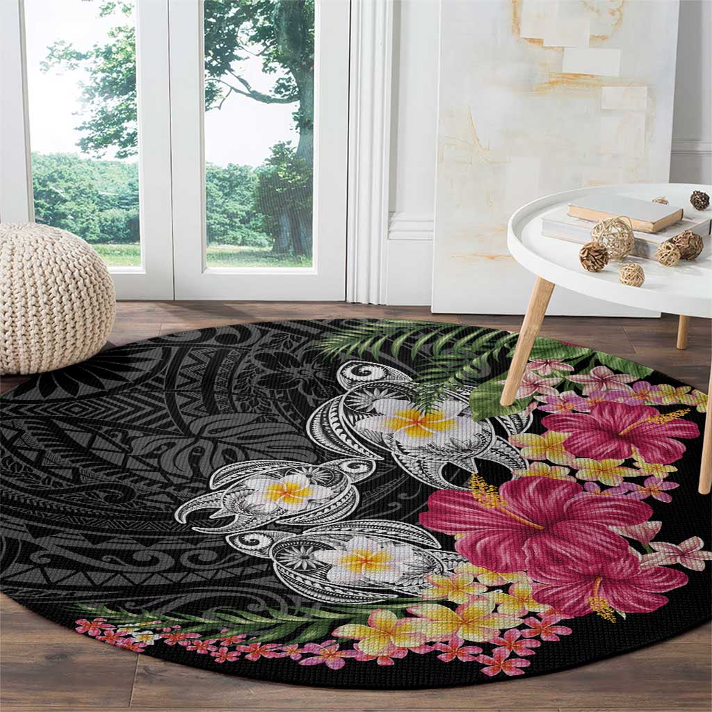 Hawaiian Tropical Flowers and Tribal Turtles Round Carpet Polynesian Art Motifs Black Color LT03 - Polynesian Pride