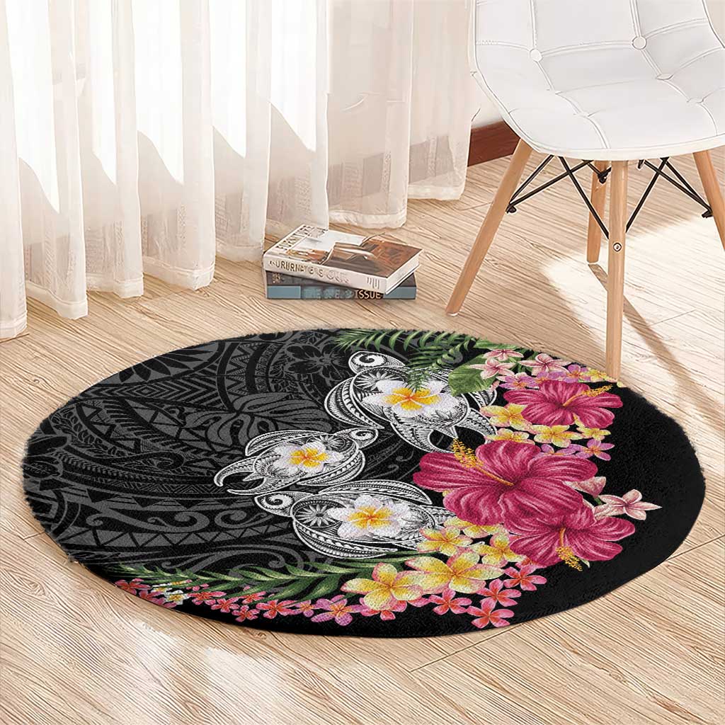 Hawaiian Tropical Flowers and Tribal Turtles Round Carpet Polynesian Art Motifs Black Color LT03 - Polynesian Pride