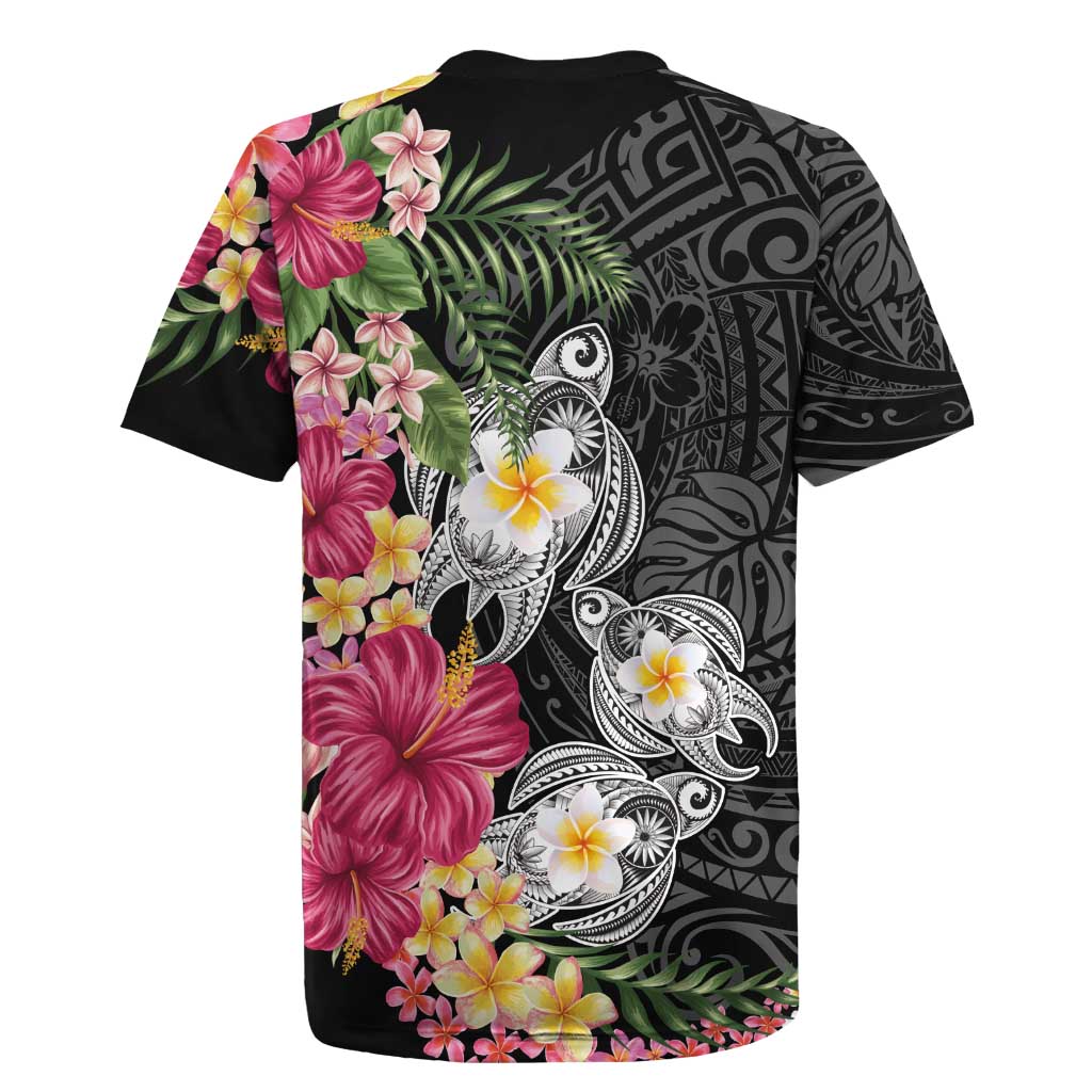 Hawaiian Tropical Flowers and Tribal Turtles Rugby Jersey Polynesian Art Motifs Black Color LT03 - Polynesian Pride
